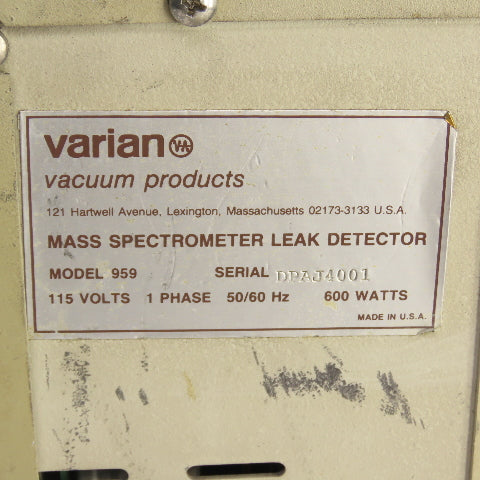 Varian 959-50 Mass Spectrometer Leak Detector Unit W/ SD-90 Pump 120/230V 1PH