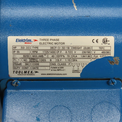 Elektrim 38CF-3-.50-18 .50/.33HP Electric Motor 1725/1400RPM 230/460V 3PH 56C Fr