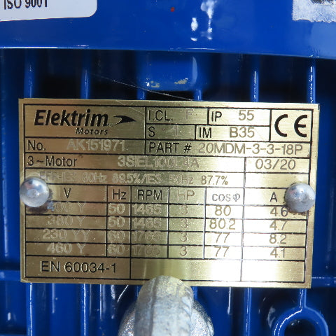 Elektrim 20MDM-3-3-18P 3HP AC Electric Motor 1765RPM 230/460V 3PH 100L Frame New