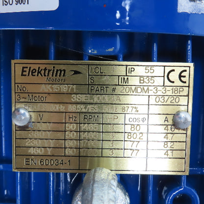 Elektrim 20MDM-3-3-18P 3HP AC Electric Motor 1765RPM 230/460V 3PH 100L Frame New