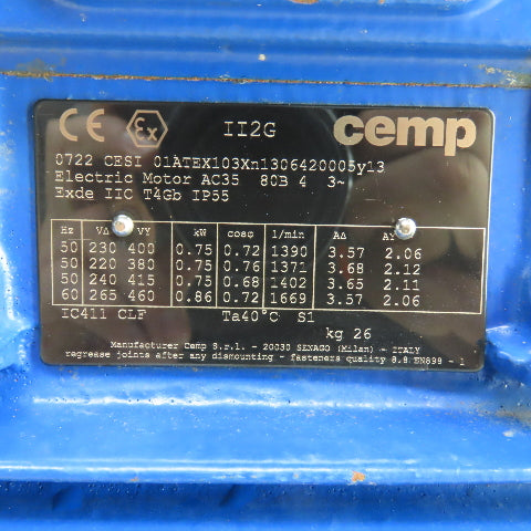 Cemp AC3580B4 0.86kW AC Electric Motor 1669RPM 265/460V 3PH Tested New