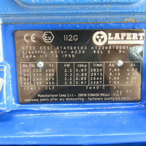 Cemp Lafert AC3590L2 2.5kW AC Electric Motor 3387RPM 265/460V 3PH Tested New