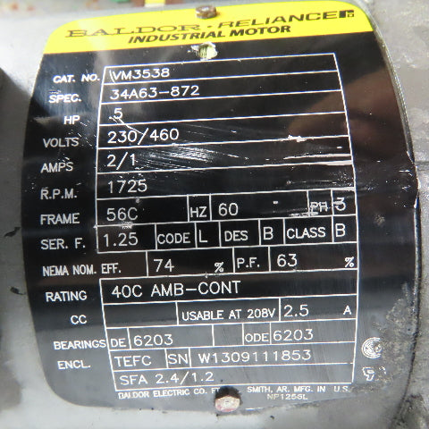 Dodge Q175B030M056K 30:1 .5HP Left Hand Gear Motor 57RPM Out 230/460V 552 Torque