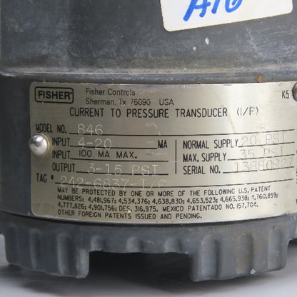 Fisher 846 Current To Pressure Transducer 35PSI Max 4-20Ma