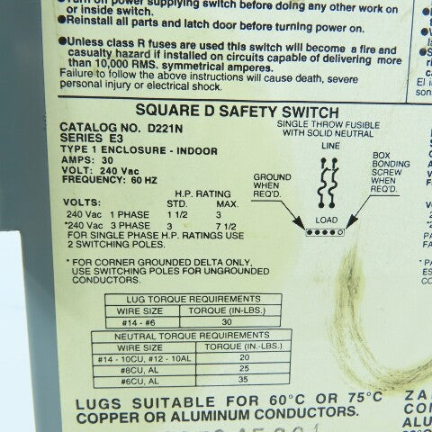 Square D D221N 30A 240VAC 2 Pole Non-Fusible Safety Disconnect Switch NEW