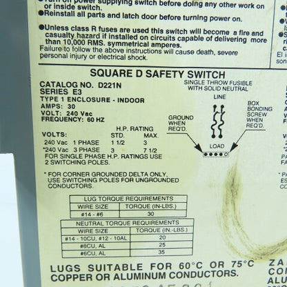 Square D D221N 30A 240VAC 2 Pole Non-Fusible Safety Disconnect Switch NEW