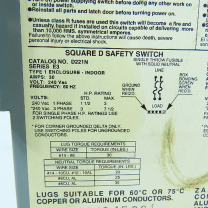 Square D D221N 30A 240VAC 2 Pole Non-Fusible Safety Disconnect Switch NEW