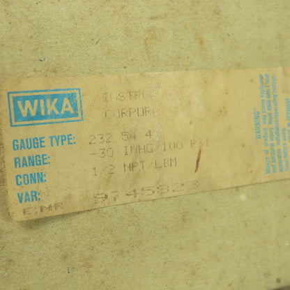 Wika 232 54 4" Pressure Guage -30 in.Hg To 100 PSI 1/2" NPT/LBM