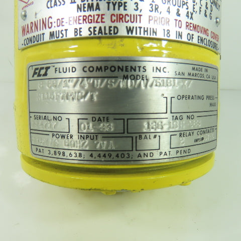Fluid Components 8-66/1"/4"U/S/WD/V/5181-X/R115FTPVC/T Flow Switch 2A @ 115VAC