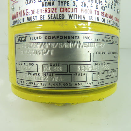 Fluid Components 8-66/1"/4"U/S/WD/V/5181-X/R115FTPVC/T Flow Switch 2A @ 115VAC