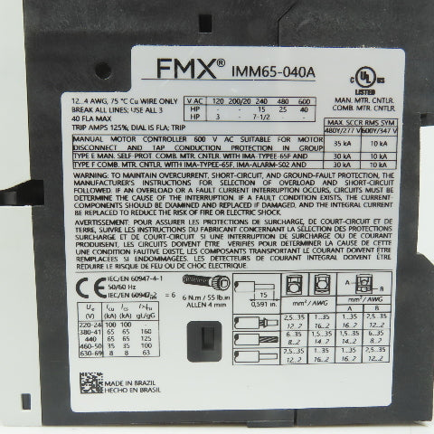 FMX IMM65-040A Motor Circuit Protector 32-40A 600V 3-40HP Class 10 (Clean)