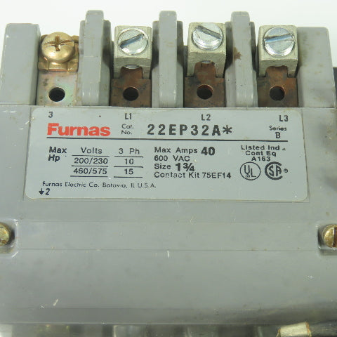 Furnas 22EP32A* Size 1-3/4 Ser B Motor Starter 40A 600VAC 15HP 3PH