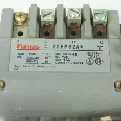 Furnas 22EP32A* Size 1-3/4 Ser B Motor Starter 40A 600VAC 15HP 3PH