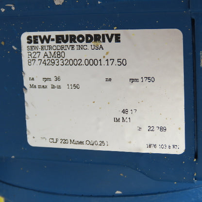 Sew R27 AM80 48.17:1 Ratio 0.75kW Inline Gear Motor 230/460V 3PH 36RPM 1150LB-IN