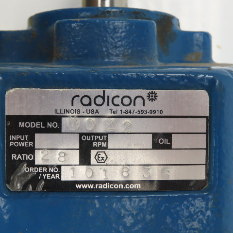 Radicon M022 28:1 Ratio Inline Gear Box Speed Reducer 5/8" x 1" Shafts