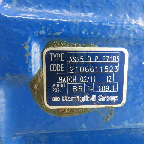 Bonfiglioli AS25DPP71B5 109.1 Ratio Inline Gear Box B6 Mount 25mm x 14mm Shaft