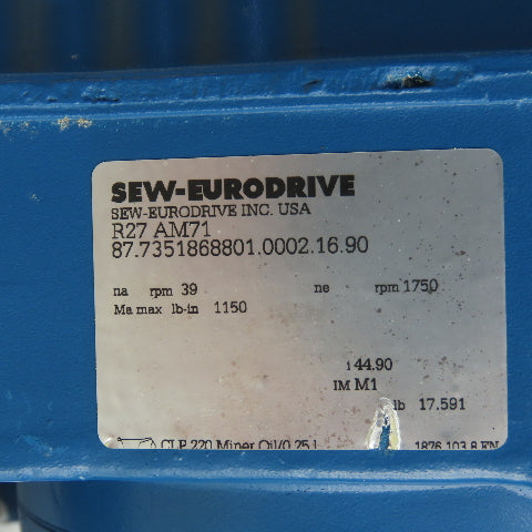 Sew-Eurodrive R27 AM71 44.90 Ratio Inline Gear Box 39RPM Out 1150 In Lb