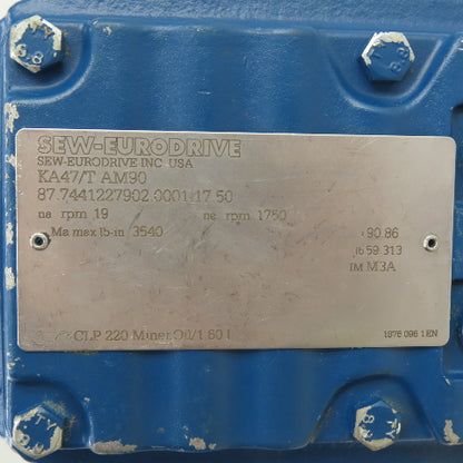 Sew-Eurodrive KA47/TAM90 90.86 Ratio Helical Bevel Gear Box 19RPM Out 3540 In LB