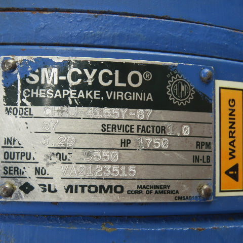 Sumitomo CHHJ-4155Y-87 87:1 Ratio Inline Gear Box 20RPM Out 9550 Torq 3.29HP