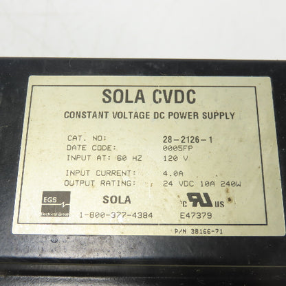 Sola 28-2126-1 Constant Voltage DC Power Supply 120V Input 24VDC Output