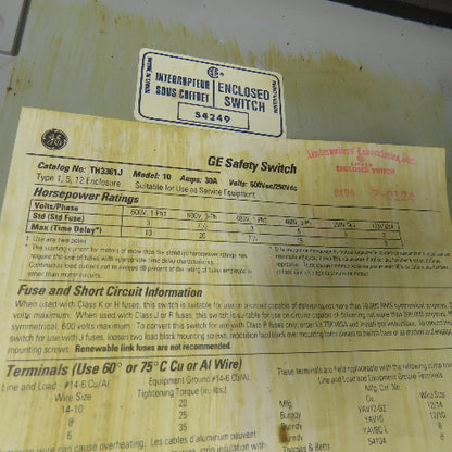 GE General Electric TH3361J 30A Safety Disconnect Switch 600VAC 250VDC