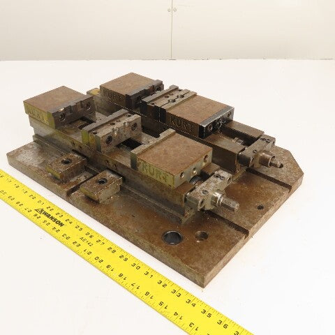 Kurt DL400C 4" Wide Double Lock Station Double Vise Setup Mounted On Steel Plate