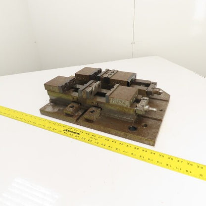 Kurt DL400C 4" Wide Double Lock Station Double Vise Setup Mounted On Steel Plate