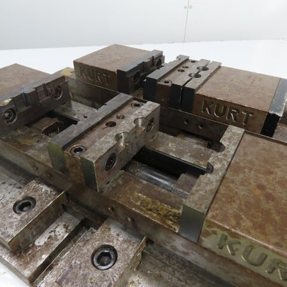 Kurt DL400C 4" Wide Double Lock Station Double Vise Setup Mounted On Steel Plate