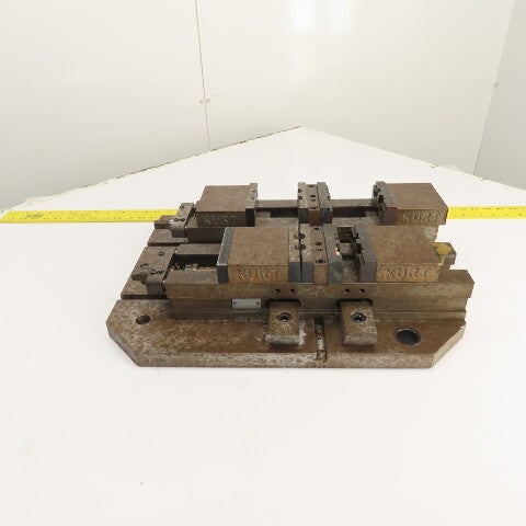 Kurt DL400C 4" Wide Double Lock Station Double Vise Setup Mounted On Steel Plate