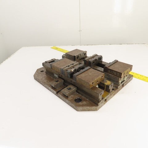 Kurt DL400C 4" Wide Double Lock Station Double Vise Setup Mounted On Steel Plate