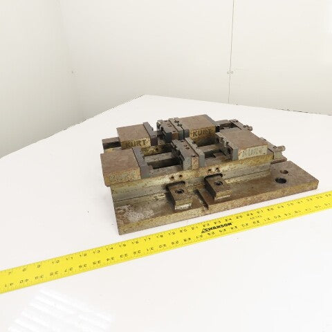 Kurt DL400C 4" Wide Double Lock Station Double Vise Setup Mounted On Steel Plate