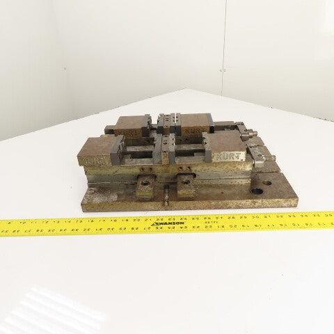 Kurt DL400C 4" Wide Double Lock Station Double Vise Setup Mounted On Steel Plate