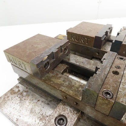Kurt DL400C 4" Wide Double Lock Station Double Vise Setup Mounted On Steel Plate