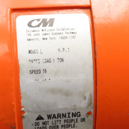 CM Model L 1 Ton 2000Lbs Electric Chain Hoist 15' Lift 115V 1Ph 1Hp 16FPM Tested