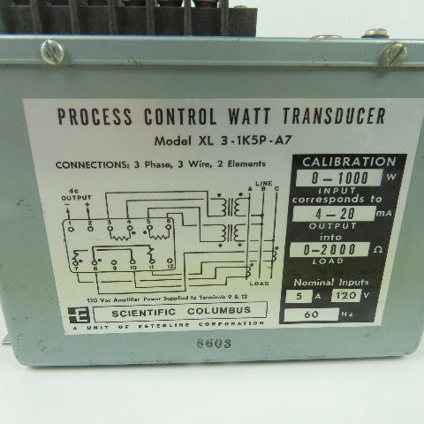 Scientific Columbus XL 3-1K5P-A7 Process Control Watt Transducer 120VAC 5A 60Hz