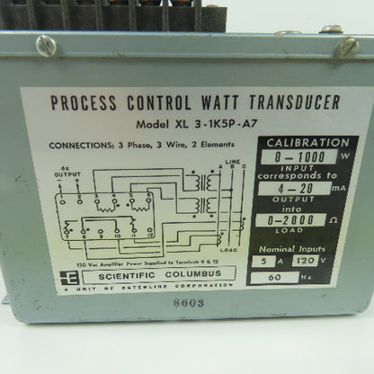 Scientific Columbus XL 3-1K5P-A7 Process Control Watt Transducer 120VAC 5A 60Hz