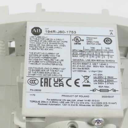 Allen Bradley 194R-J60-1753 60A Fusible Disconnect Switch W/ 194R-PY Handle