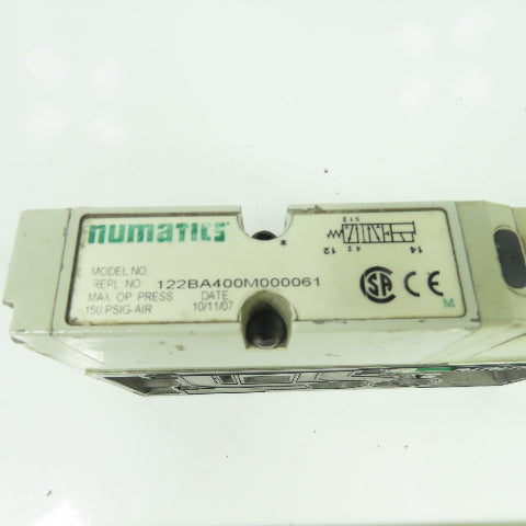 Numatics 122BA400M000061 Pneumatic Solenoid Valve 150PSI 24VDC Coil