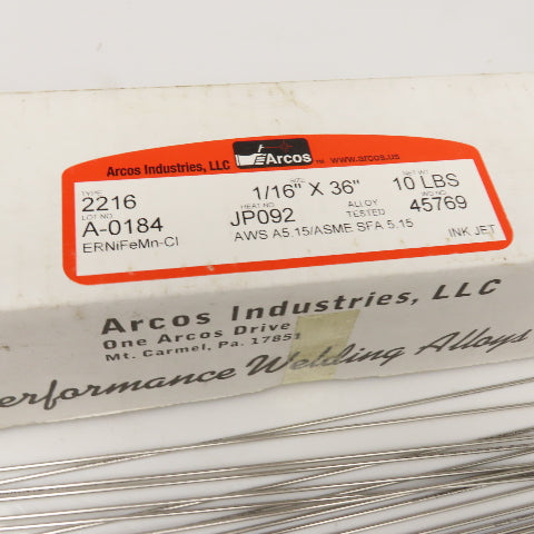 Acros 2216 1/16" x 36" ERNiFeMn-Cl Welding Electrodes 10Lbs.