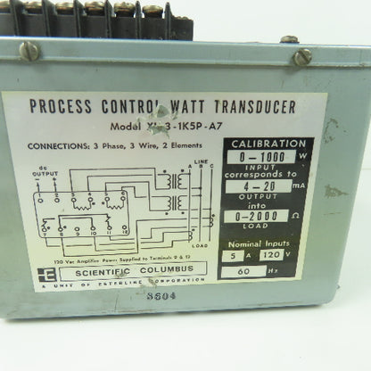 Scientific Columbus XL 3-1K5P-A7 Process Control Watt Transducer 120VAC 5A 60Hz