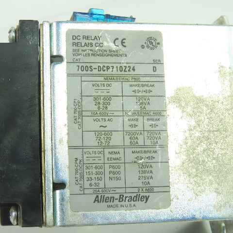 Allen Bradley 700S-DCP710Z24 Ser D DC Safety Relay 600VAC 24VDC Coil
