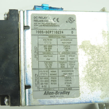 Allen Bradley 700S-DCP710Z24 Ser D DC Safety Relay 600VAC 24VDC Coil