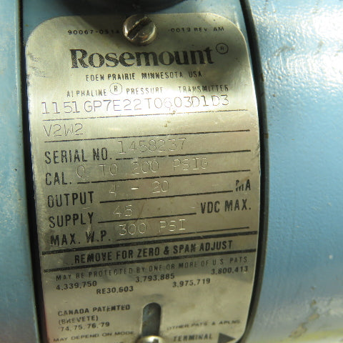 Rosemount 1151GP7E22T0603D1D3 Pressure Transmitter 0-300PSI 45VDC 4-20mA