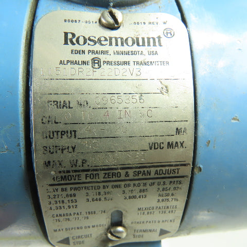 Rosemount 1151DR2F22D2V3 Pressure Transmitter 45VDC 1000PSI 4-20Ma