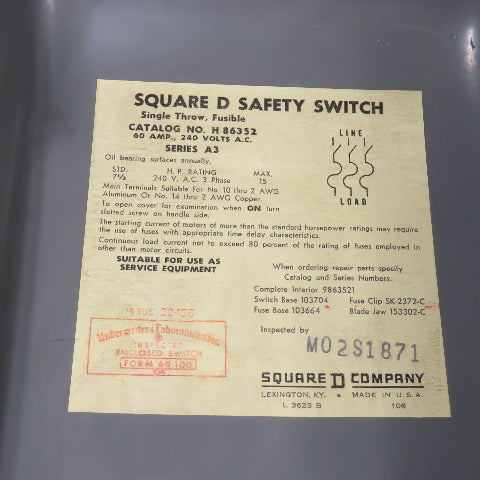 Square D H 86352 60A Single Throw Fusible Safety Disconnect Switch 240VAC 3Ph