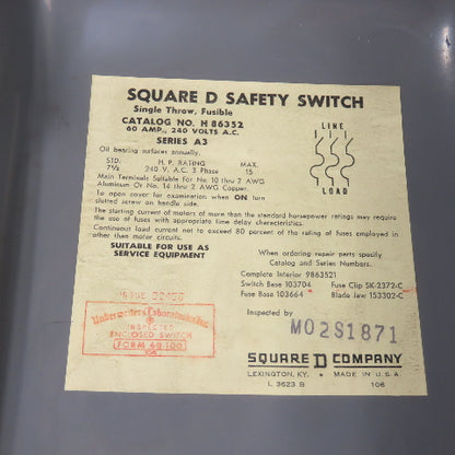 Square D H 86352 60A Single Throw Fusible Safety Disconnect Switch 240VAC 3Ph