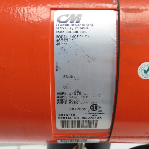 CM Lodestar Model L 1 Ton 2000LB Electric Chain Hoist 20' Lift 16FPM 230/460V