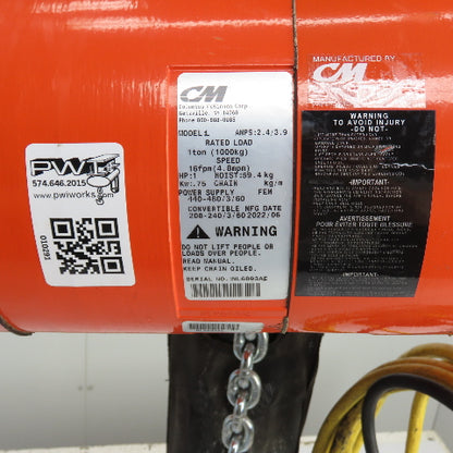 CM Lodestar Model L 1 Ton 2000LB Electric Chain Hoist 20' Lift 16FPM 230/460V