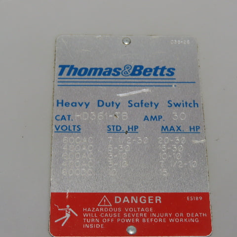 Thomas Betts HD361-TB 30A Fusible Safety Disconnect Switch 600V Type 1 Encl.