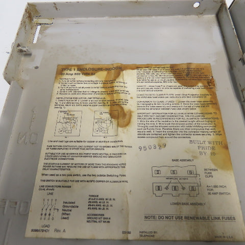 Thomas Betts HD361-TB 30A Fusible Safety Disconnect Switch 600V Type 1 Encl.